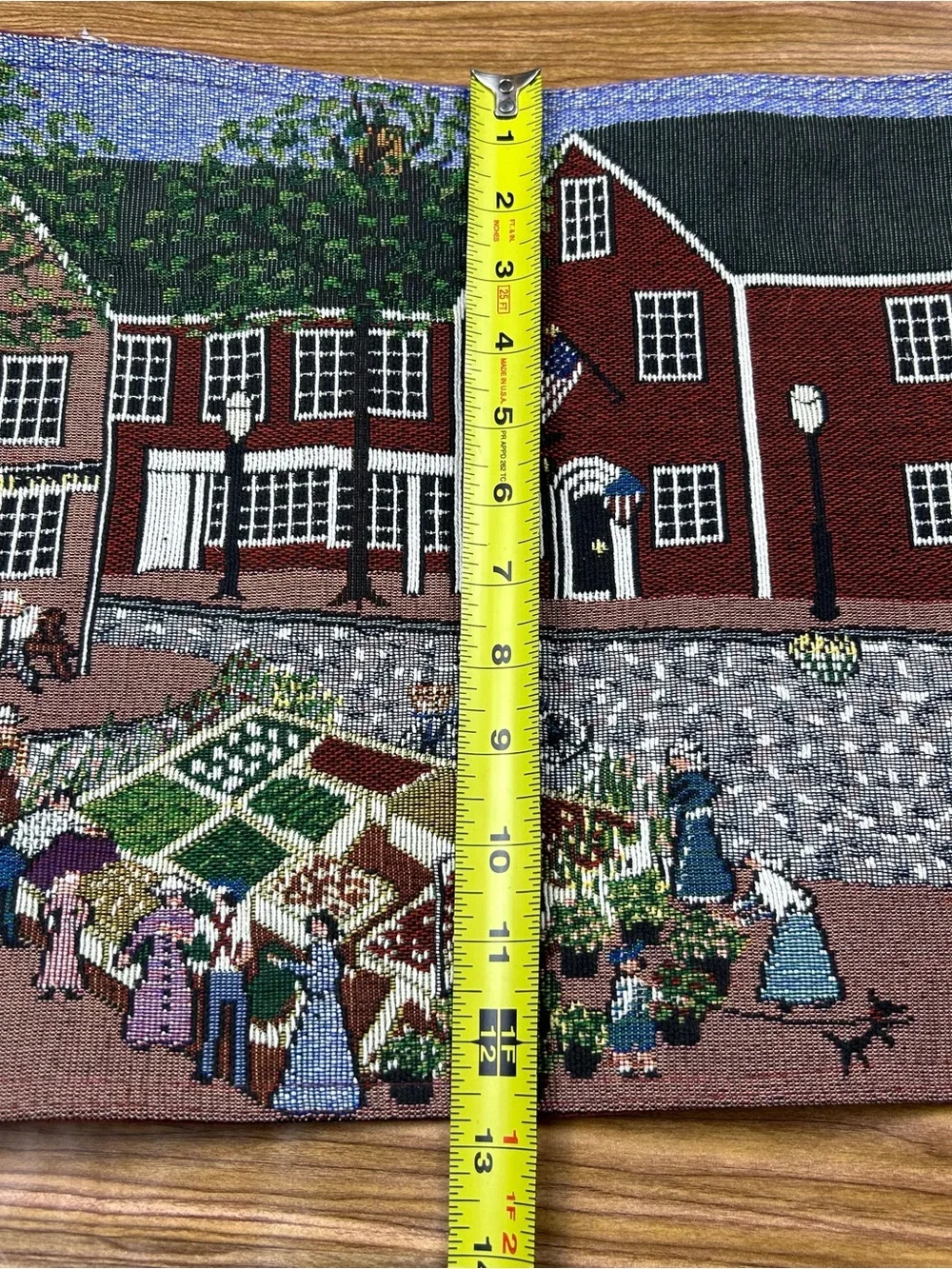 Colonial America Town Scene Tapestry Table Runner Town Common Folk Art 72” x 13”